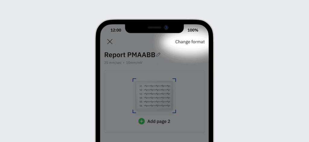 A PMcardio app screen in a phone mockup with highlighted Change format button
