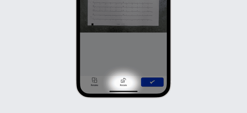 A PMcardio app screen in a phone mockup with highlighted Rotate button